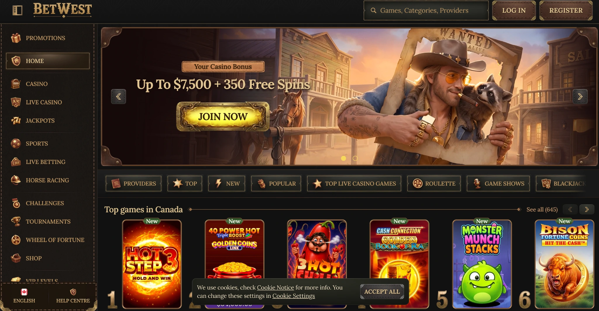Betwest casino homepage