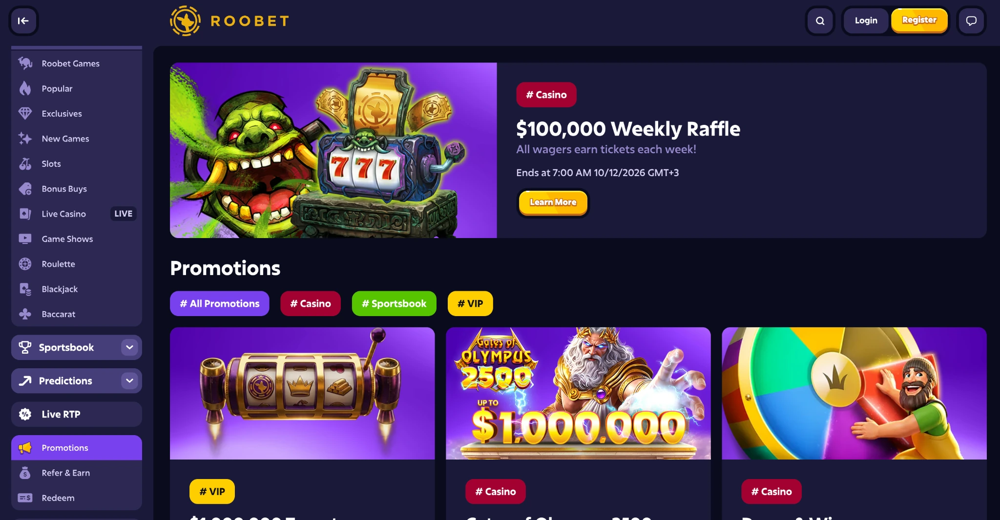 Roobet promotions page