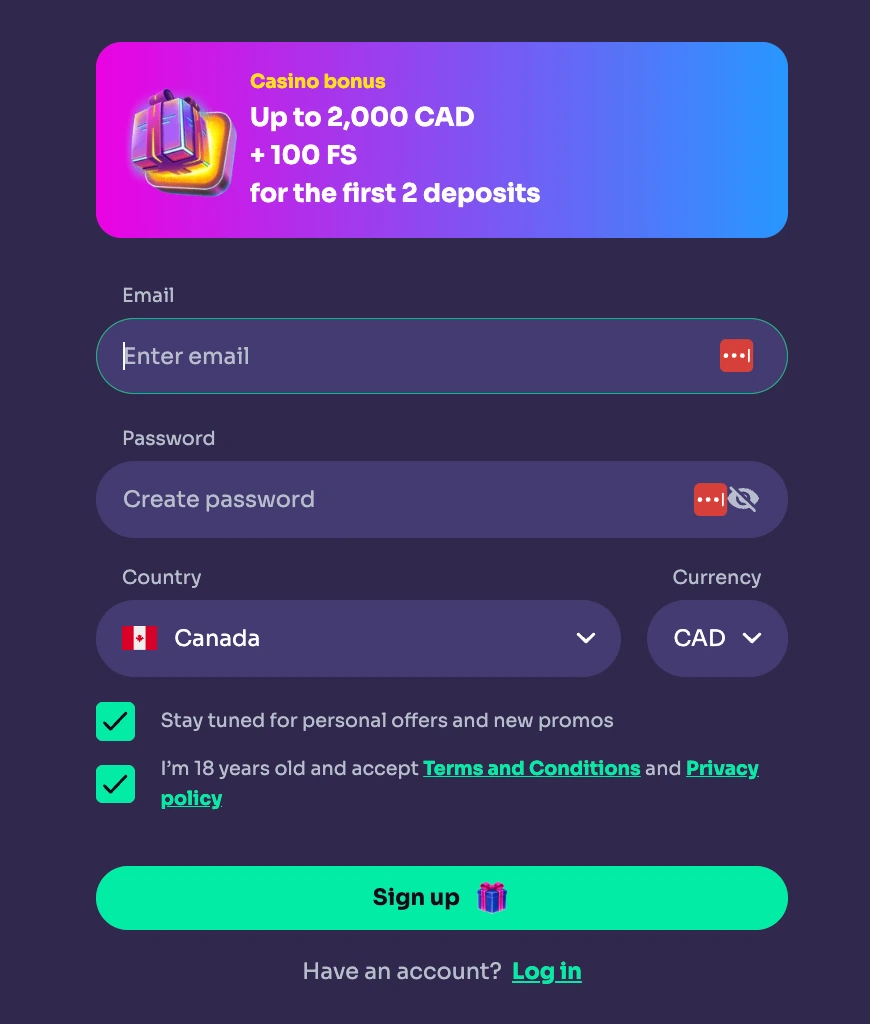 WinSpirit account registration form